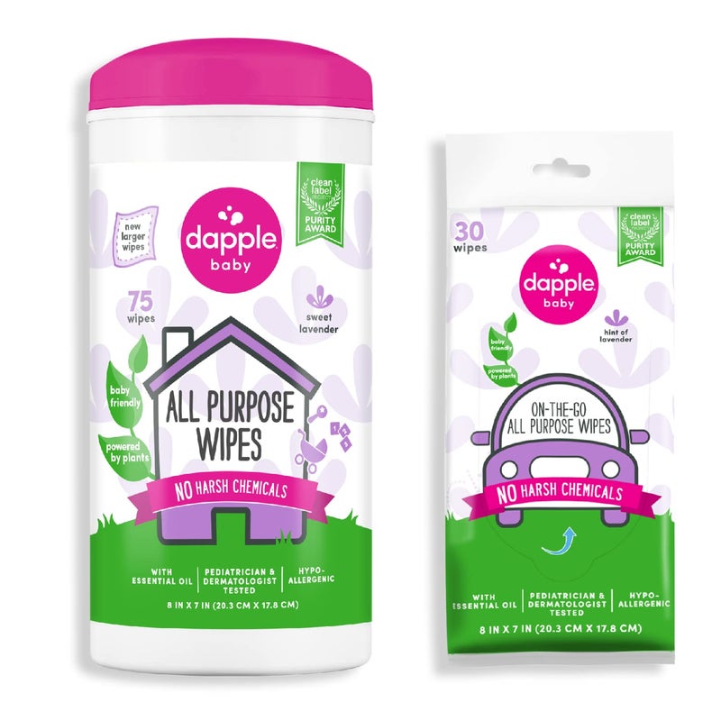 dapple Baby All Purpose Wipes, Plant Powered, Hint of Lavender, Hypoallergenic, 75 Count Canister + 30 Count - Image 1
